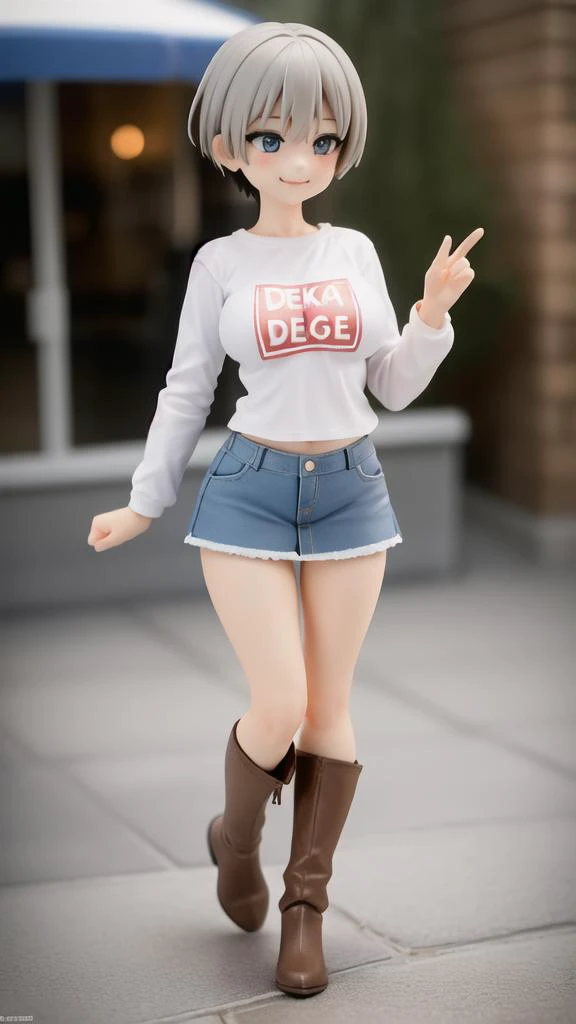 1girl, (uszakihana:1), (long-sleeve t-shirt with the words "SUGOI DEKAI" printed on the front), (short light blue denim skirt:1.4), (black leggings:1.3), ((small brown boots)), smirk, fangs, eye contact, (gigantic breasts:1.0), (small nipples:0.5), (shortstack:1.1), (cute:1.2), cafe, volumetric lighting, High definition, excellent resolution, excellent quality, insane detail, crisp face, facial features, extremely detailed, facial features <lora:short stack:0.5> <lora:uzakihana:1>