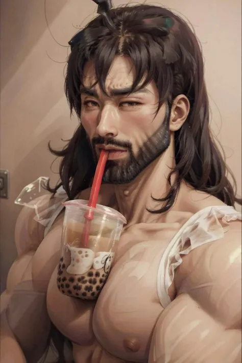 [<lora:boobatea:0.8> boobatea, with a cup of bubble tea on her boobs, lips on the straw, drinking through the straw,b:<lora:Gigachadv1:1> gigachad,bubble tea:12]