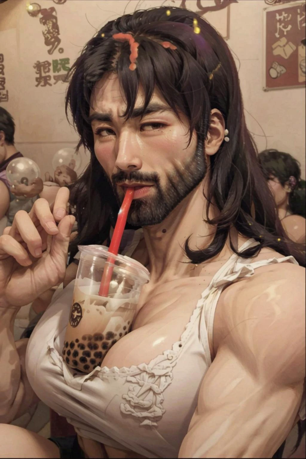[<lora:boobatea:0.8> boobatea, with a cup of bubble tea on her boobs, lips on the straw, drinking through the straw,b:<lora:Gigachadv1:1> gigachad,bubble tea:12]