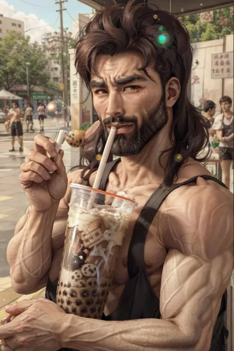 [<lora:boobatea:0.5> boobatea, with a cup of bubble tea on her boobs, lips on the straw, drinking through the straw,beach:<lora:Gigachadv1:1> gigachad,bubble tea:15]