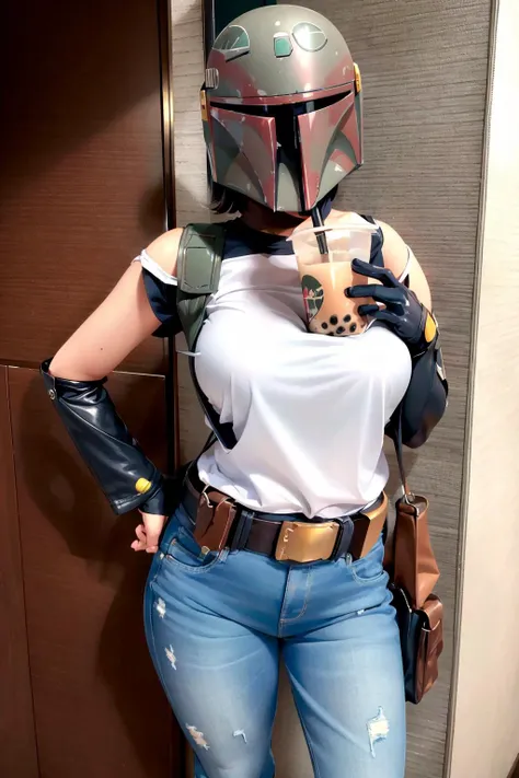 Highly detailed, ((High Quality)), Masterpiece, beautiful, boba fett, 1girl, solo, wearing boba fett helmet, boobatea, with a cup of bubble tea on her boobs, bobafett, ((boba fett helmet)),