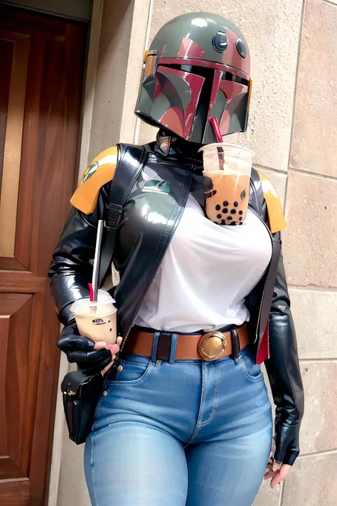 Highly detailed, ((High Quality)), Masterpiece, beautiful, boba fett, 1girl, solo, wearing boba fett helmet, boobatea, with a cup of bubble tea on her boobs, bobafett, ((boba fett helmet)),