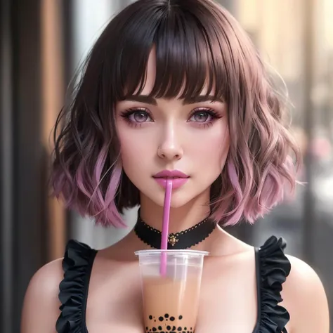 Masterpiece, high quality, 4K, beautiful design, shiny, from the front, award winning photo, extremely detailed, amazing, fine detail, absurdres, highly detailed ((dark haired haired European woman)), (((short hair))),extremely detailed eyes and face, by lee jeffries nikon d850 film stock photograph 4 kodak portra 400 camera f1.6 lens rich colors hyper realistic lifelike texture dramatic lighting unrealengine trending on artstation cinestill 800 tungsten, 1girl, solo, expressive look, (bob haircut, bob haircut with bangs, pink makeup on the nose,snub nose,snub nosed woman,smiling seductively,puffy lips, very detailed face [Elsa Jean|Natalie Portman]:1.255) HDR, highest quality, sexy tutu, sharp focus, looking at viewer, facing viewer, 4k,grey eyes beautifully detailed,a woman posing for a picture making a cute face,wearing a choker around the neck, facing the viewer, standing,(upper body  closeup picture:1.3),

boobatea, a woman in a black bra top drinking a drink , with a cup of bubble tea on her boobs, lips on the straw, drinking through the straw,  <lora:boobatea:0.75>