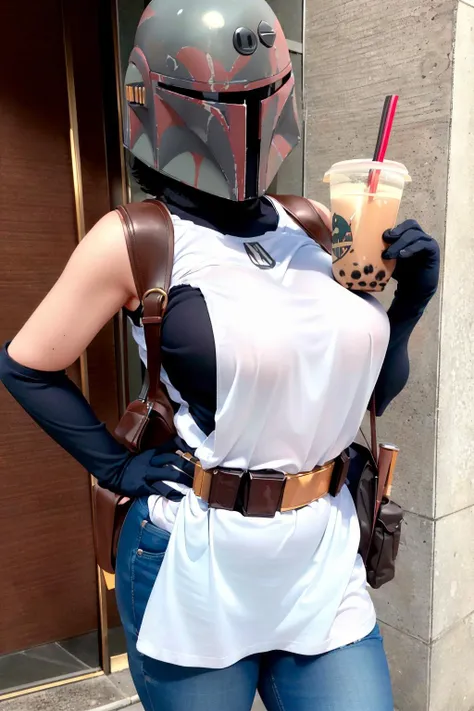 Highly detailed, ((High Quality)), Masterpiece, beautiful, boba fett, 1girl, solo, wearing boba fett helmet, boobatea, with a cup of bubble tea on her boobs, bobafett, ((boba fett helmet)),