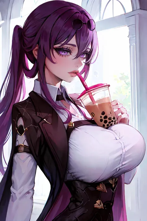 Highly detailed, High Quality, Masterpiece, beautiful, Kafka, purple eyes, jacket, <lora:Kafka:0.8>, 1girl, solo, mature female, purple eyes, boobatea, with a cup of bubble tea on her , lips on the straw, drinking through the straw, <lora:Pos_BoobaTea:0.8>