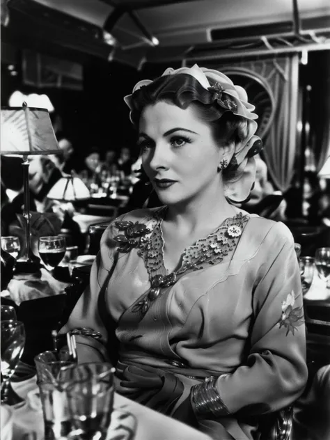 <lyco:Joan Fontaine-v1.0:1> <lyco:orient express-v1.0> photo of beautiful Joan Fontaine, in the orient express, tables in the background, film grain, sharp, uhd, colorful