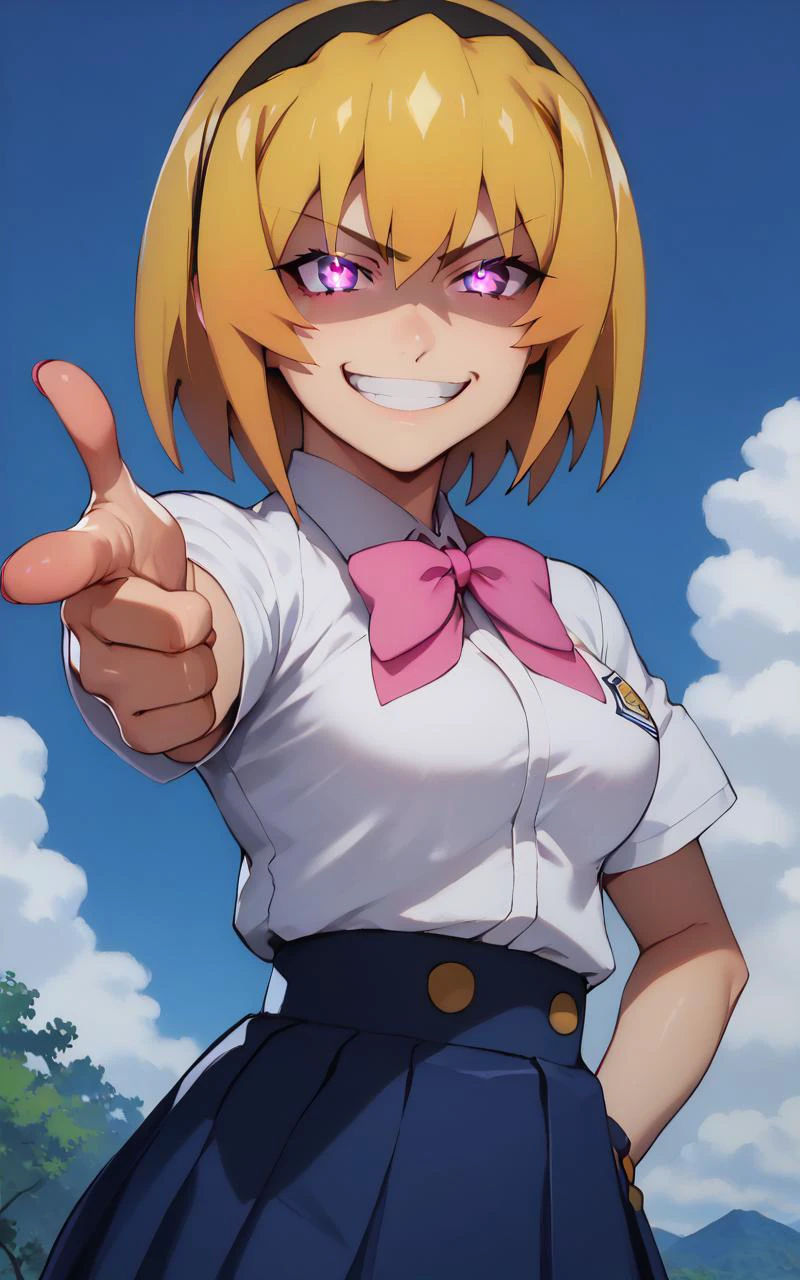 (score_9), (score_8_up), (score_7_up), (score_6_up:0.5), BREAK great quality, (ultra high res, ultra detailed, high resolution, highly detailed, 4k, 8k), (best quality, masterpiece), an extremely delicate and beautiful, high quality face, ultraquarium face, super detailed beautiful face, zPDXL, (glare:1.5), (cheeky smile, smug, smirk, grin:1.3), (frown:1.2), (evil smile:1.2), evil, annoyed, houjousatoko, short hair, blonde hair, purple eyes, hairband, large breasts, <lora:XLããã¼ å¹å¸ã®ããç®ã®è¡¨ç¾ uneven_eyes_v1_pruned:0.1>, uneven eyes, sparkling eyes, glowing eyes, school uniform, school uniform, pink bow, skirt, finger gun, pointing at viewer, outdoors, japanese countryside, <lora:XLããã¼ åæ¡æ²é½åï¼é«æ ¡çï¼houjousatokoXL2pony:1>, <lora:XLããã¼ æé è¦è´è
ãæå·®ããã¼ãº Fingergun_XLPD:1>,