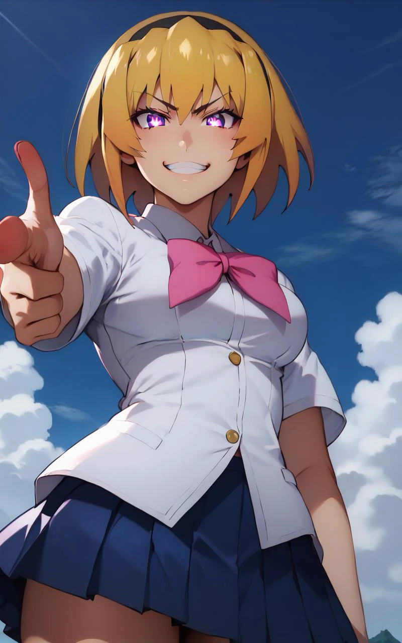 (score_9), (score_8_up), (score_7_up), (score_6_up:0.5), BREAK great quality, (ultra high res, ultra detailed, high resolution, highly detailed, 4k, 8k), (best quality, masterpiece), an extremely delicate and beautiful, high quality face, ultraquarium face, super detailed beautiful face, zPDXL, (glare:1.5), (cheeky smile, smug, smirk, grin:1.1), frown, evil smile, evil, annoyed, houjousatoko, short hair, blonde hair, purple eyes, hairband, large breasts, sparkling eyes, glowing eyes, school uniform, school uniform, pink bow, skirt, finger gun, pointing at viewer, from_below, looking down, outdoors, japanese countryside, <lora:XLããã¼ åæ¡æ²é½åï¼é«æ ¡çï¼houjousatokoXL2pony:1>, <lora:XLããã¼ æé è¦è´è
ãæå·®ããã¼ãº Fingergun_XLPD:1>,