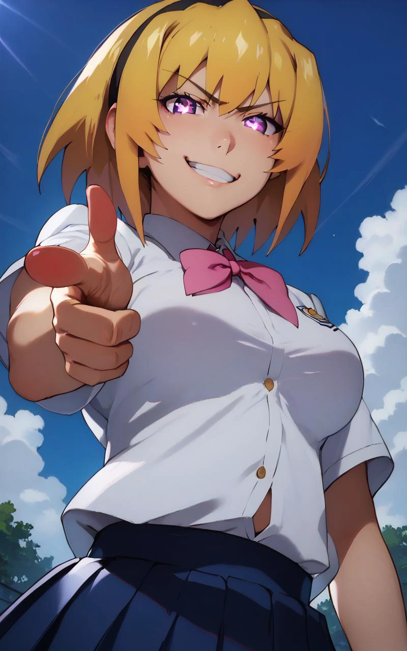 (score_9), (score_8_up), (score_7_up), (score_6_up:0.5), BREAK great quality, (ultra high res, ultra detailed, high resolution, highly detailed, 4k, 8k), (best quality, masterpiece), an extremely delicate and beautiful, high quality face, ultraquarium face, super detailed beautiful face, zPDXL, (glare:1.5), (cheeky smile, smug, smirk, grin:1.1), frown, evil smile, evil, annoyed, houjousatoko, short hair, blonde hair, purple eyes, hairband, large breasts, sparkling eyes, glowing eyes, school uniform, school uniform, pink bow, skirt, <lora:XLããã¼ æé è¦è´è
ãæå·®ããã¼ãº Fingergun_XLPD:1>, finger gun, (pointing at viewer:1.1), from_below, looking down, outdoors, japanese countryside, <lora:XLããã¼ åæ¡æ²é½åï¼é«æ ¡çï¼houjousatokoXL2pony:1>,