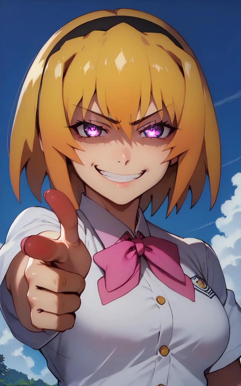 (score_9), (score_8_up), (score_7_up), (score_6_up:0.5), BREAK great quality, (ultra high res, ultra detailed, high resolution, highly detailed, 4k, 8k), (best quality, masterpiece), an extremely delicate and beautiful, high quality face, ultraquarium face, super detailed beautiful face, zPDXL, (glare:1.5), (cheeky smile, smug, smirk, grin:1.3), (frown:1.2), (evil smile:1.2), evil, annoyed, houjousatoko, short hair, blonde hair, purple eyes, hairband, large breasts, <lora:XLããã¼ å¹å¸ã®ããç®ã®è¡¨ç¾ uneven_eyes_v1_pruned:0.1>, uneven eyes, sparkling eyes, glowing eyes, school uniform, school uniform, pink bow, skirt, finger gun, pointing at viewer, outdoors, japanese countryside, <lora:XLããã¼ åæ¡æ²é½åï¼é«æ ¡çï¼houjousatokoXL2pony:1>, <lora:XLããã¼ æé è¦è´è
ãæå·®ããã¼ãº Fingergun_XLPD:1>,