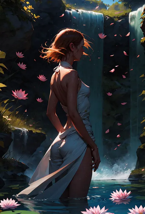 (score_9, score_8_up, score_7_up), detailed, realistic a monk maintains calm in heavy wind, halterneck, mature_female, lotus_position, fantasy monk, robes, meditation, dhyana_mudra, floating_hair, wind_lift, freckles, amber hair, medium_hair, solo, waterfall, small_breasts, casting_spell, looking_away.