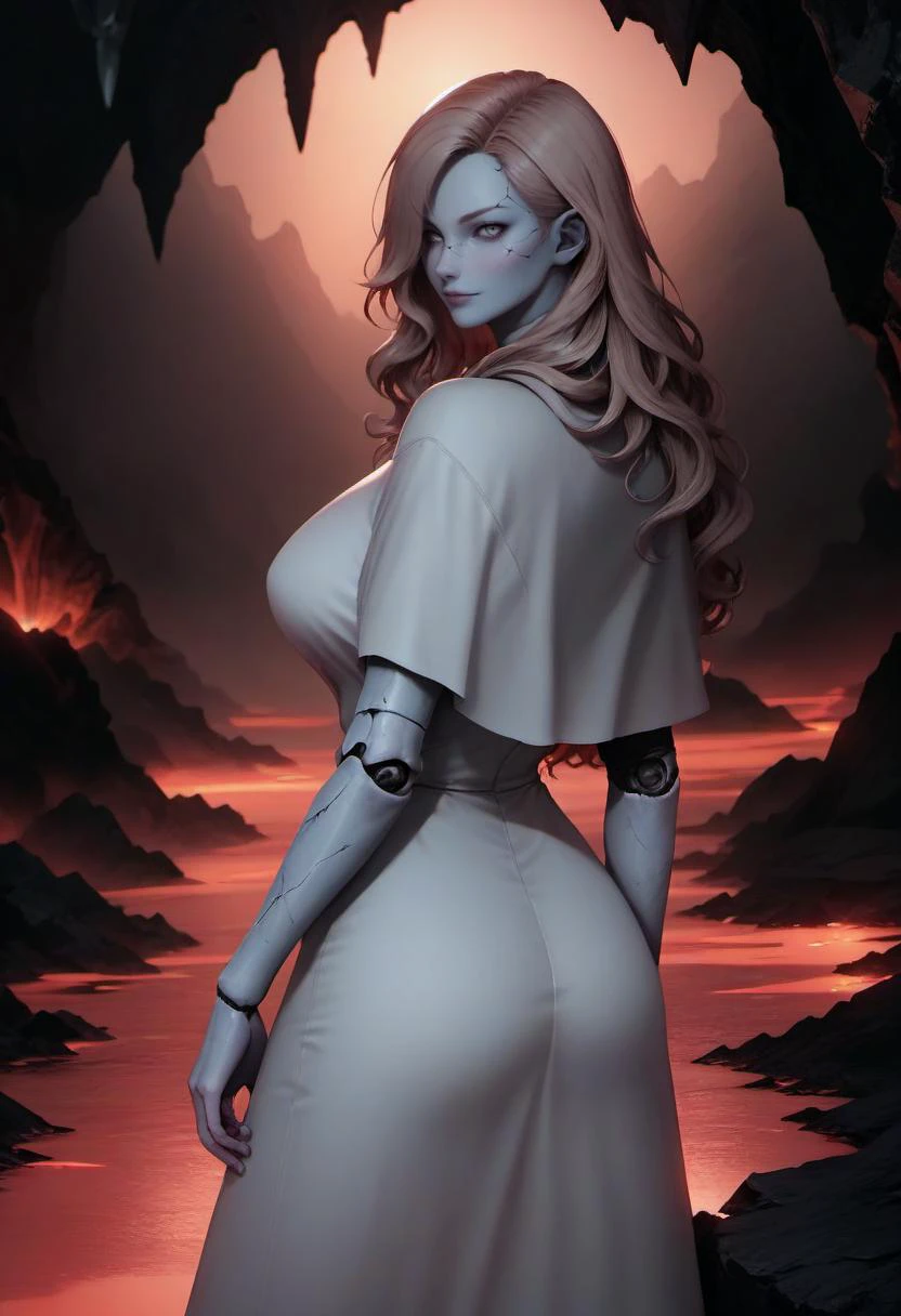 score_9, score_8_up, score_7_up, score_6_up, score_5_up, 1girl, solo, realistic, large breasts, looking at viewer, Red Hair, (detailed Silver eyes), light brown hair, swept bangs, hair over one eye, long hair, over the shoulder, looking back, BREAK
<lora:RanniV4LoRA:1> IncrsRanni, wavy hair, cracked skin, colored skin, blue skin, doll, joints, doll joints, white dress, hat, cloak, <lora:LOD:1> LODBG, scenery, nature, volcanic, molton, cave, crystal, lava, (Red theme:1.1), volumetric lighting, perfect composition, highly detailed, extremely detailed landscape , <lora:CNwahMilk:1> cnwahmilk style <lora:Artist_Style_Meri_Forwar_PonyXL:1> meri_forwar,