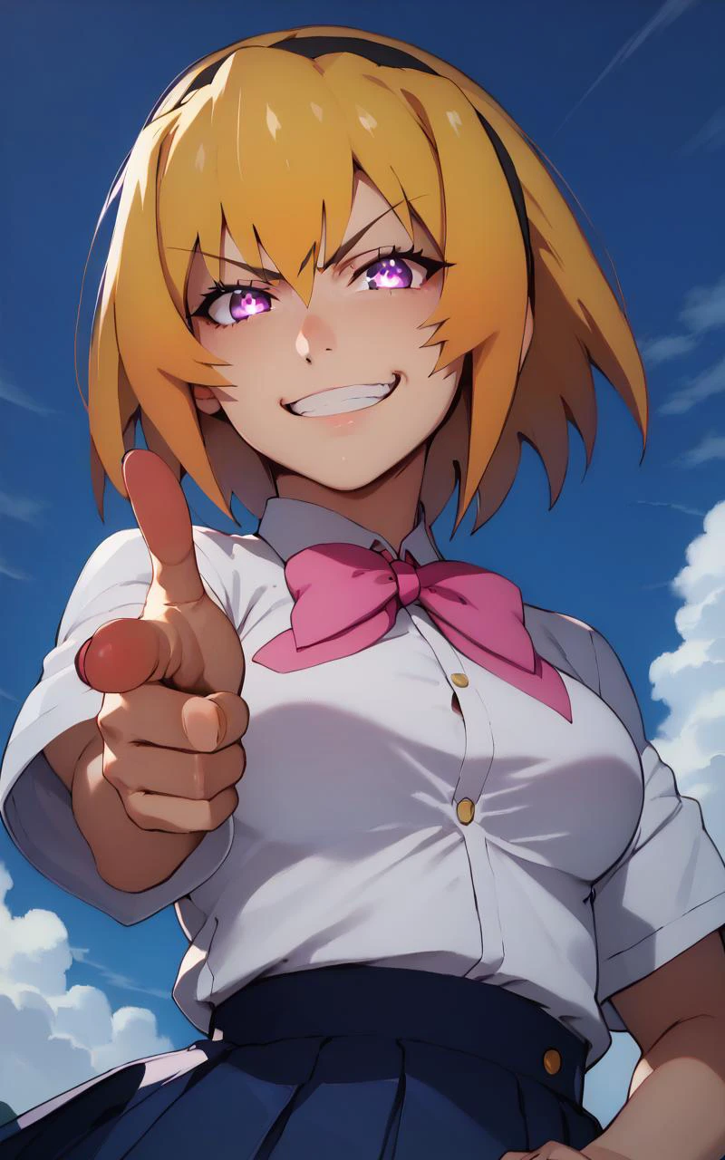 (score_9), (score_8_up), (score_7_up), (score_6_up:0.5), BREAK great quality, (ultra high res, ultra detailed, high resolution, highly detailed, 4k, 8k), (best quality, masterpiece), an extremely delicate and beautiful, high quality face, ultraquarium face, super detailed beautiful face, zPDXL, (glare:1.5), (cheeky smile, smug, smirk, grin:1.1), frown, evil smile, evil, annoyed, houjousatoko, short hair, blonde hair, purple eyes, hairband, large breasts, sparkling eyes, glowing eyes, school uniform, school uniform, pink bow, skirt, finger gun, pointing at viewer, from_below, looking down, outdoors, japanese countryside, <lora:XLããã¼ åæ¡æ²é½åï¼é«æ ¡çï¼houjousatokoXL2pony:1>, <lora:XLããã¼ æé è¦è´è
ãæå·®ããã¼ãº Fingergun_XLPD:1>,