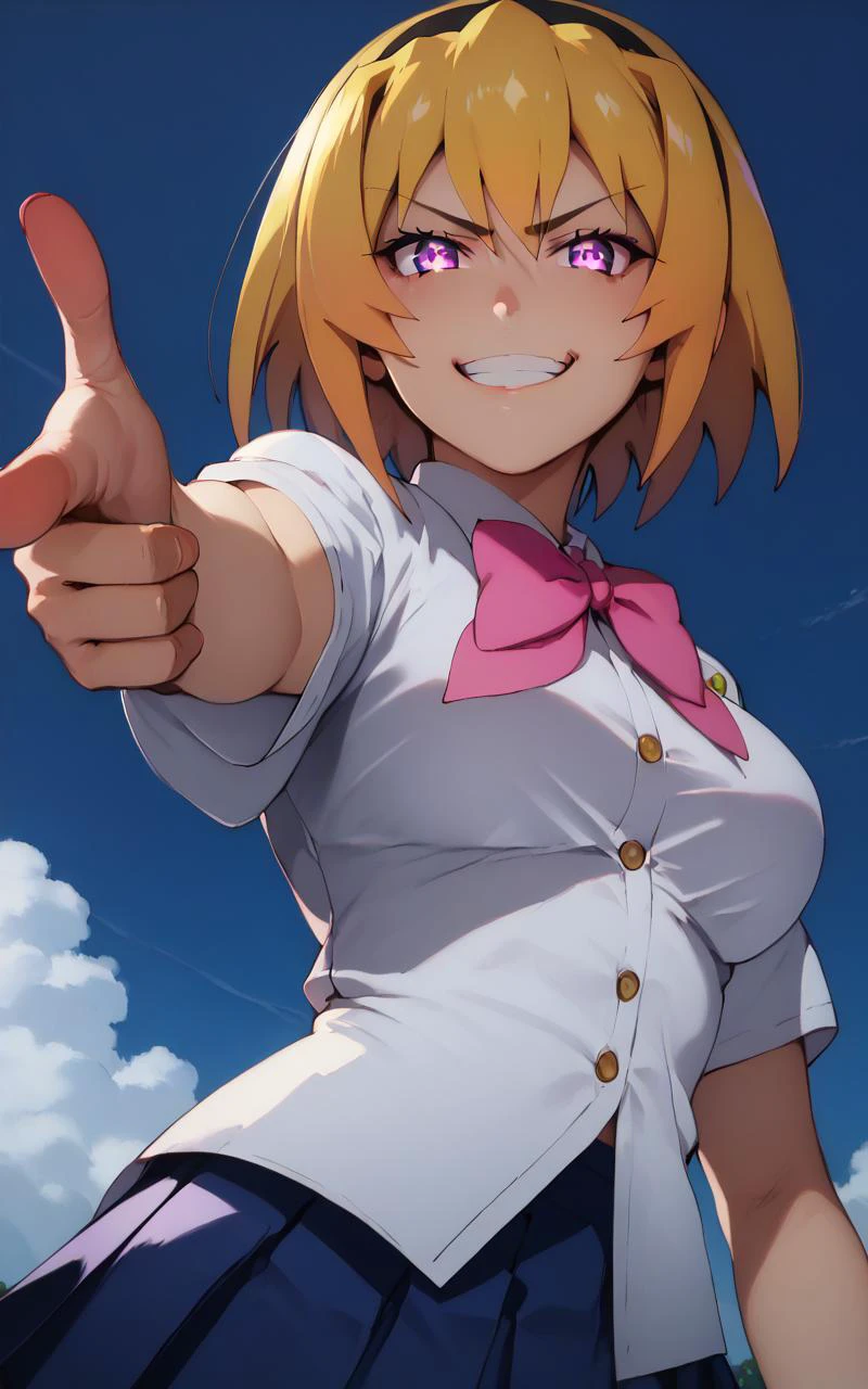(score_9), (score_8_up), (score_7_up), (score_6_up:0.5), BREAK great quality, (ultra high res, ultra detailed, high resolution, highly detailed, 4k, 8k), (best quality, masterpiece), an extremely delicate and beautiful, high quality face, ultraquarium face, super detailed beautiful face, zPDXL, (glare:1.5), (cheeky smile, smug, smirk, grin:1.1), frown, evil smile, evil, annoyed, houjousatoko, short hair, blonde hair, purple eyes, hairband, large breasts, sparkling eyes, glowing eyes, school uniform, school uniform, pink bow, skirt, finger gun, pointing at viewer, from_below, looking down, outdoors, japanese countryside, <lora:XLããã¼ åæ¡æ²é½åï¼é«æ ¡çï¼houjousatokoXL2pony:1>, <lora:XLããã¼ æé è¦è´è
ãæå·®ããã¼ãº Fingergun_XLPD:1>,