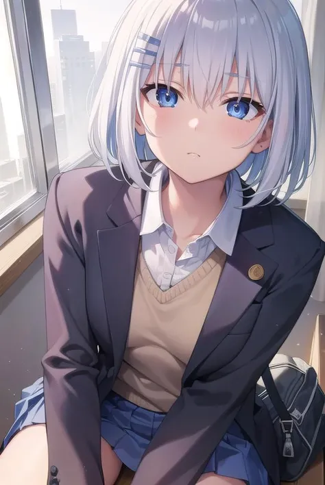 origamitobiichi, <lyco:origamitobiichi-lyco-nochekaiser:1>, 
origami tobiichi, blue eyes, short hair, school uniform, white hair, hair clips, hair pins, (small breast:1.2),
BREAK school uniform, white shirt, collared shirt, long sleeves, skirt, blue skirt, kneehighs,
BREAK looking at viewer, hands behind head,
BREAK indoors, classroom,
BREAK <lyco:GoodHands-beta2:1>, (masterpiece:1.2), best quality, high resolution, unity 8k wallpaper, (illustration:0.8), (beautiful detailed eyes:1.6), extremely detailed face, perfect lighting, extremely detailed CG, (perfect hands, perfect anatomy),