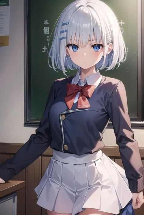 origamitobiichi, <lyco:origamitobiichi-lyco-nochekaiser:1>,
origami tobiichi, blue eyes, short hair, school uniform, white hair, hair clips, hair pins, (small breast:1.2),
BREAK school uniform, white shirt, collared shirt, long sleeves, skirt, blue skirt, kneehighs,
BREAK looking at viewer, hands behind head,
BREAK indoors, classroom,
BREAK <lyco:GoodHands-beta2:1>, (masterpiece:1.2), best quality, high resolution, unity 8k wallpaper, (illustration:0.8), (beautiful detailed eyes:1.6), extremely detailed face, perfect lighting, extremely detailed CG, (perfect hands, perfect anatomy),