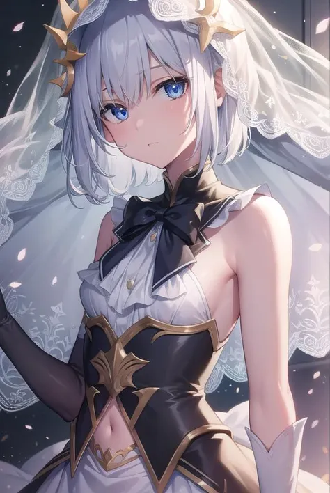 origamitobiichi, <lyco:origamitobiichi-lyco-nochekaiser:1>,
origami tobiichi, blue eyes, short hair, school uniform, white hair, hair clips, hair pins, (small breast:1.2),
BREAK elbow gloves, frilled skirt, frills, gloves, navel, skirt, white gloves, white skirt, halo, wedding veil, veil,
BREAK looking at viewer,
BREAK outdoors,
BREAK <lyco:GoodHands-beta2:1>, (masterpiece:1.2), best quality, high resolution, unity 8k wallpaper, (illustration:0.8), (beautiful detailed eyes:1.6), extremely detailed face, perfect lighting, extremely detailed CG, (perfect hands, perfect anatomy),