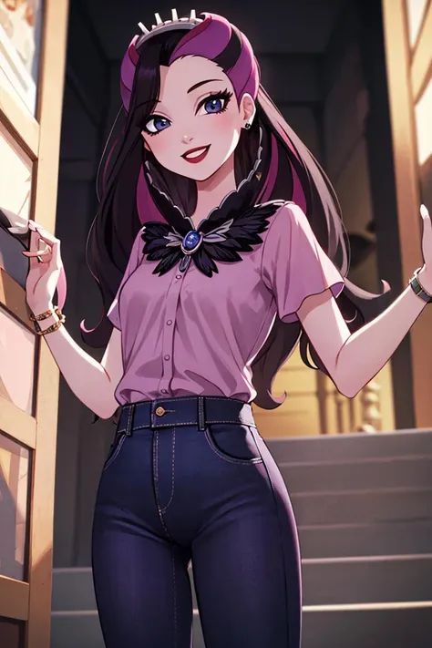 ((masterpiece,best quality)), absurdres,
<lora:Raven_Queen_EAH:0.6>, Raven_Queen_EAH,  pink shirt, black demin jeans, 
solo, smiling, looking at viewer, cowboy shot,
cinematic composition, dynamic pose,