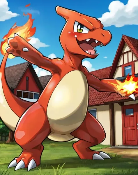 <lora:0005_charmeleon_lora:0.7>, charmeleon, by enigi09, house, town, day, open mouth, fangs, flaming tail, looking at viewer