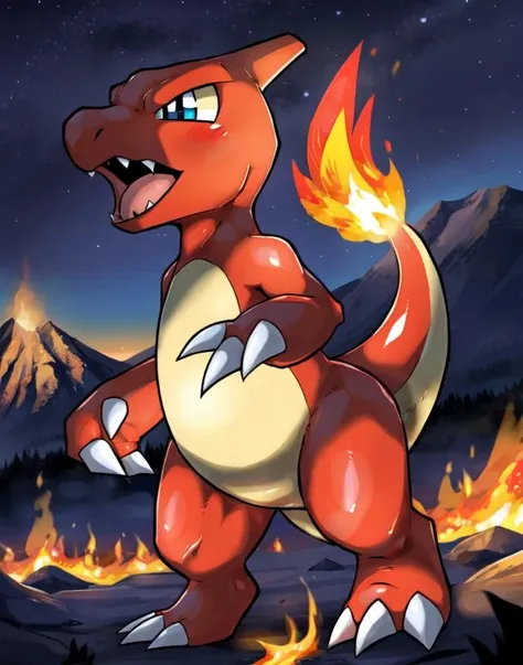 ((made by enigi09 art style)), ((ultra high definition)), ((ultra high resolution)), (full sharpness), (maximum quality), (Cinematic), ((best quality)), 8k, ((masterpiece)), Charmeleon, ((very detailed)), ((made by enigi09 art style)), only 1 female Charmeleon perfect body, happy face, happy facial expression, beautiful body, big breasts, sexy body, voluptuous pokemon, nipples and vagina, Charmeleon