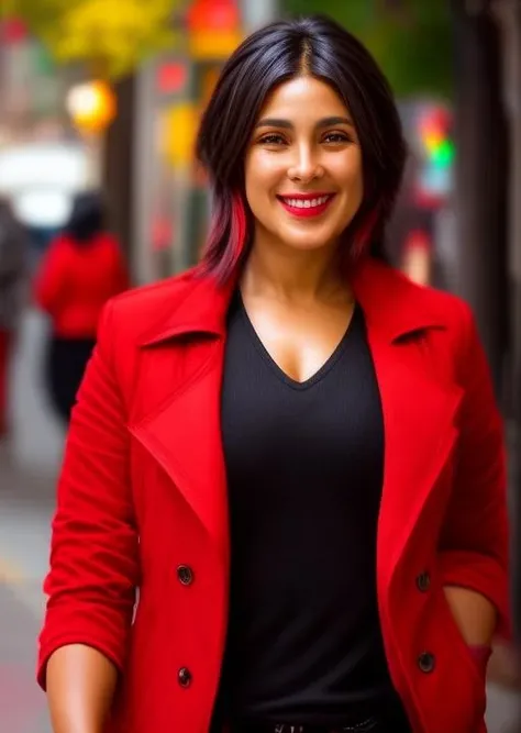 a photo of woman wearing a red jacket and black shirt, walking in a city street, smiling, rim light,  upper body, hdr,
4k textures, natural skin texture, skin pores, intricate, highly detailed, sharp focus, insane details, intricate details, hyperdetailed, hyperrealistic<lora:add_detail:1> <lora:epi_noiseoffset2:1>  <lora:kcariola_lora_V1-05:1>