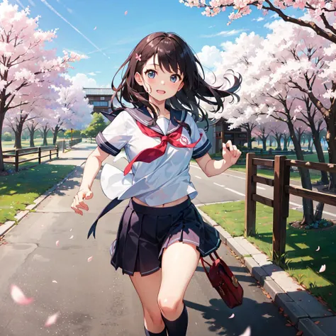 (masterpiece, best quality)  girl in school uniform running, cherry blossoms trees