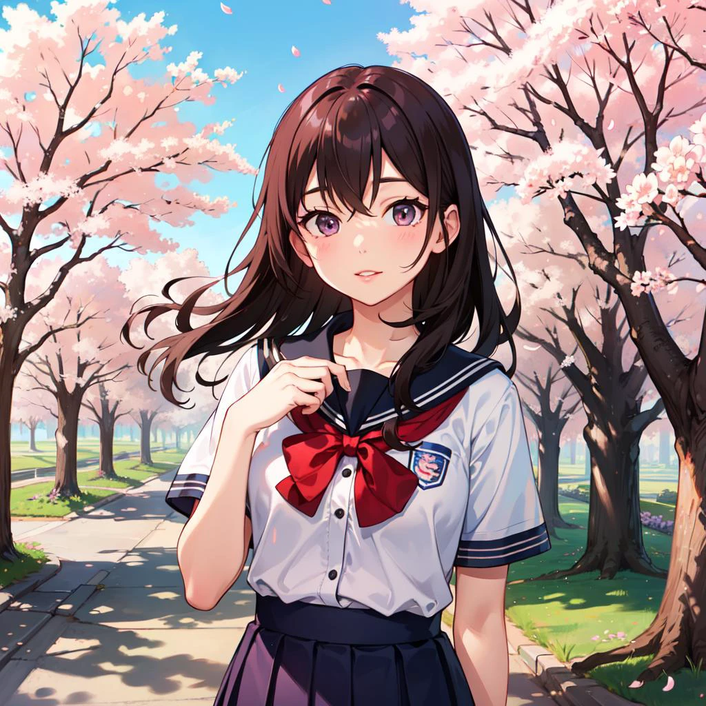 (masterpiece, best quality) girl in school uniform, cherry blossoms trees background