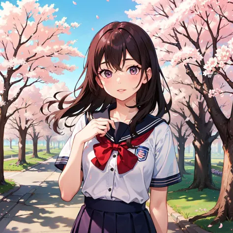 (masterpiece, best quality) girl in school uniform, cherry blossoms trees background