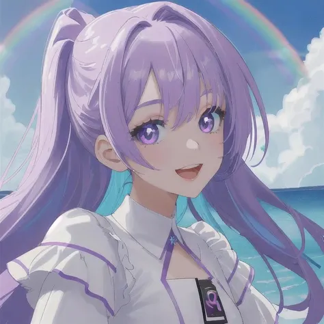 8k beautiful girl like an Angel purple hair,blue sky,rainbow ,best quality , masterpiece,  close up, ultra detailed ,vibrant color,:D 