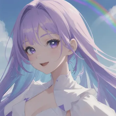 8k beautiful girl like an Angel purple hair,blue sky,rainbow ,best quality , masterpiece, close up, ultra detailed,elegant ,vibrant color,:D