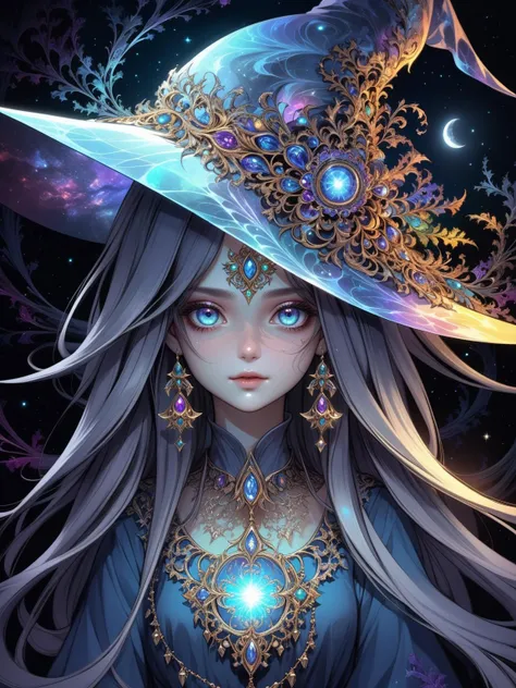 official art, beautiful and aesthetic, 1girl, long hair, beautiful face, detailed eyes, colorful, jewelry,night,(realistic:1.5),extreme detailed,(fractal art:1.3),witch