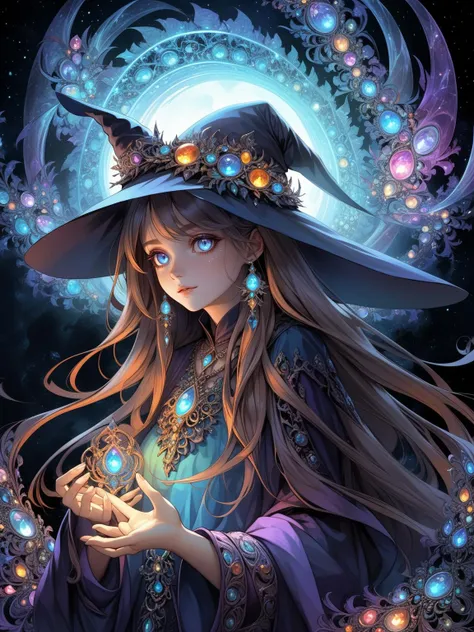 official art, beautiful and aesthetic, 1girl, long hair, beautiful face, detailed eyes, colorful, jewelry,night,(realistic:1.5),extreme detailed,(fractal art:1.3),witch