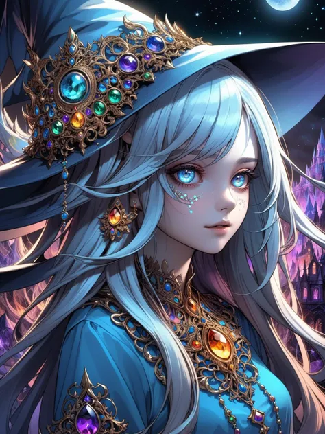 official art, beautiful and aesthetic, 1girl, long hair, beautiful face, detailed eyes, colorful, jewelry,night,(realistic:1.5),extreme detailed,(fractal art:1.3),witch
