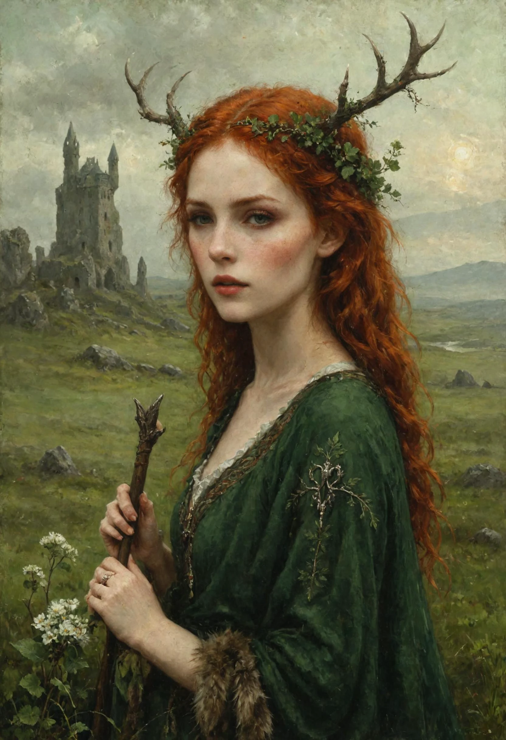 An digital illustration drawing masterpiece with intricate details and the best quality art by, (petrus van schendel) (hans larwin) and (dorian cleavenger), (luis royo) a attractive alluring beautiful irish druid woman with auburn red hair, delicate face with small freckles, antler crown, tribal tattos, green fur tunic and ornate staff, stands in vast green moor with growing clover megalithic standing stones menhir and irish castle in the background <lora:add_detail:0.8> <lora:ClassipeintXL1.9:0.5> <lora:aesthetic:0.8> <lora:LaxpeintXL-2.0:0.5> <lora:Desolation:0.5>