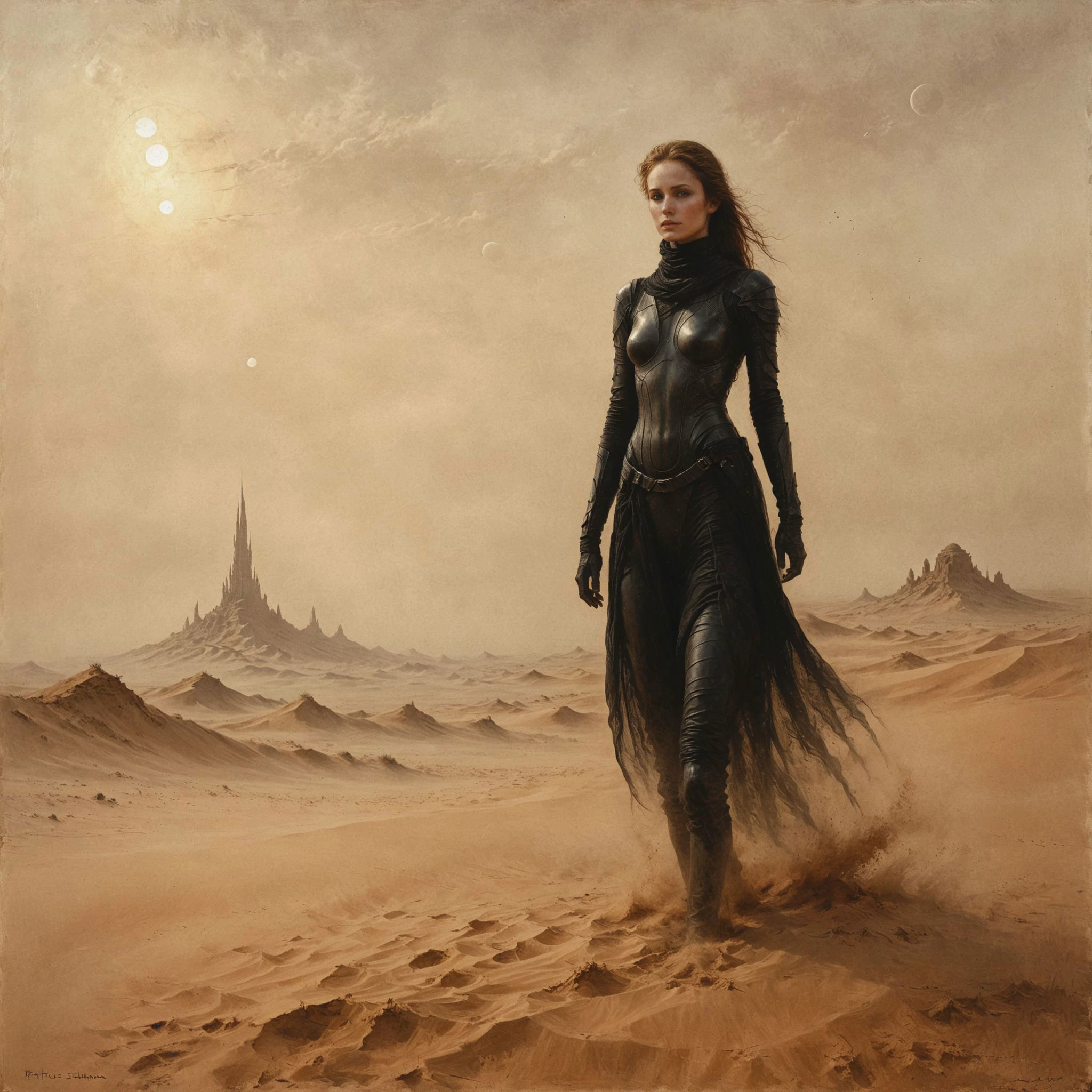 An digital illustration sci-fi drawing frank herbert dune masterpiece with intricate details and the best quality art by, (petrus van schendel) (Hans Larwin) and (dorian cleavenger) with (luis royo) a young attractive Fremen woman with delicate dust covered face with black eyeliner stand on top of a dune of vast sandy orange desert wearing tight black stillsuit, in a far distance a futuristic skyline of Arrakis <lora:add_detail:0.8> <lora:LaxpeintXL-2.0:0.4> <lora:Desolation:0.5>