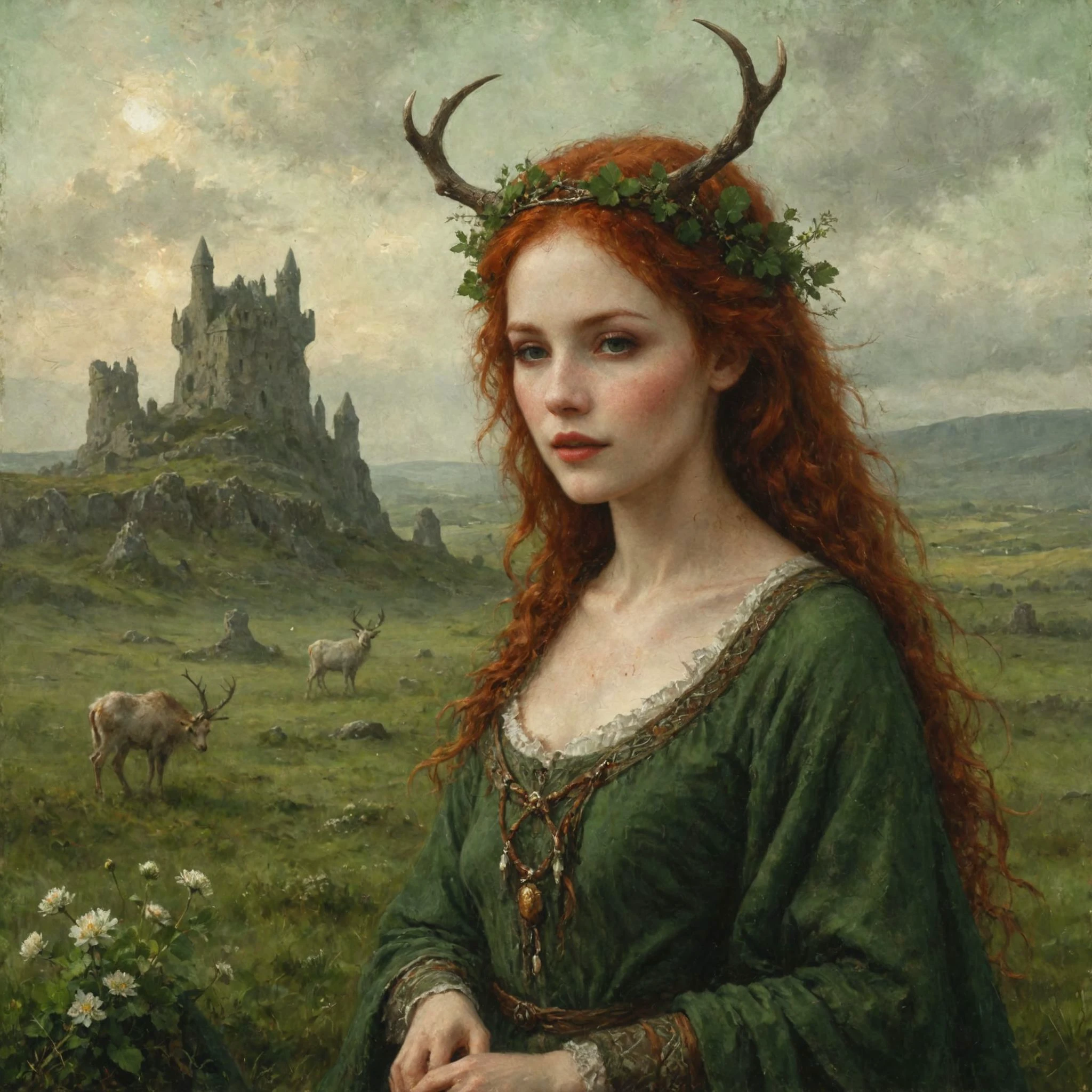 An digital illustration drawing masterpiece with intricate details and the best quality art by, (petrus van schendel) (hans larwin) and (dorian cleavenger), (luis royo) a attractive alluring beautiful irish druid woman with auburn red hair, delicate face with small freckles, (smiling warmly) wearing antler crown, tribal tattos, green fur tunic and ornate staff, stands on vast green moor with growing clover megalithic standing stones menhir and irish castle in the background <lora:add_detail:0.8> <lora:ClassipeintXL1.9:0.5> <lora:aesthetic:0.8> <lora:LaxpeintXL-2.0:0.5> <lora:Desolation:0.5>