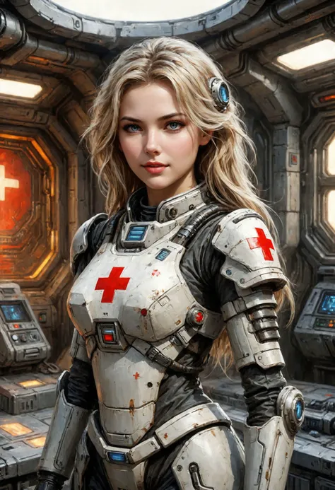 An digital illustration (full shot:1.5) drawing masterpiece with intricate details and the best quality in the (starcraft) comics-style art by, (Dorian Cleavenger:1.2) and (luis royo) a young attractive girl, round cute face and long blonde sleek (straight hair:1.2) style, round lips with dark highlights, light blue eyes with dark makeup with long eyelashes. she is a (combat medic) wearing white heavly armored tactical high-tech advanced (heavy) (bulky) armored worn (power armor) massive oversized pauldrons with red cross emblem, standing in futuristic spacestation command center, she is (smiling warmly) with her hands on hips <lora:LaxpeintXL-2.0:0.8> <lora:add-detail-xl:0.8> <lora:NostromoStyleAIv2p:0.8> nostromostyleai