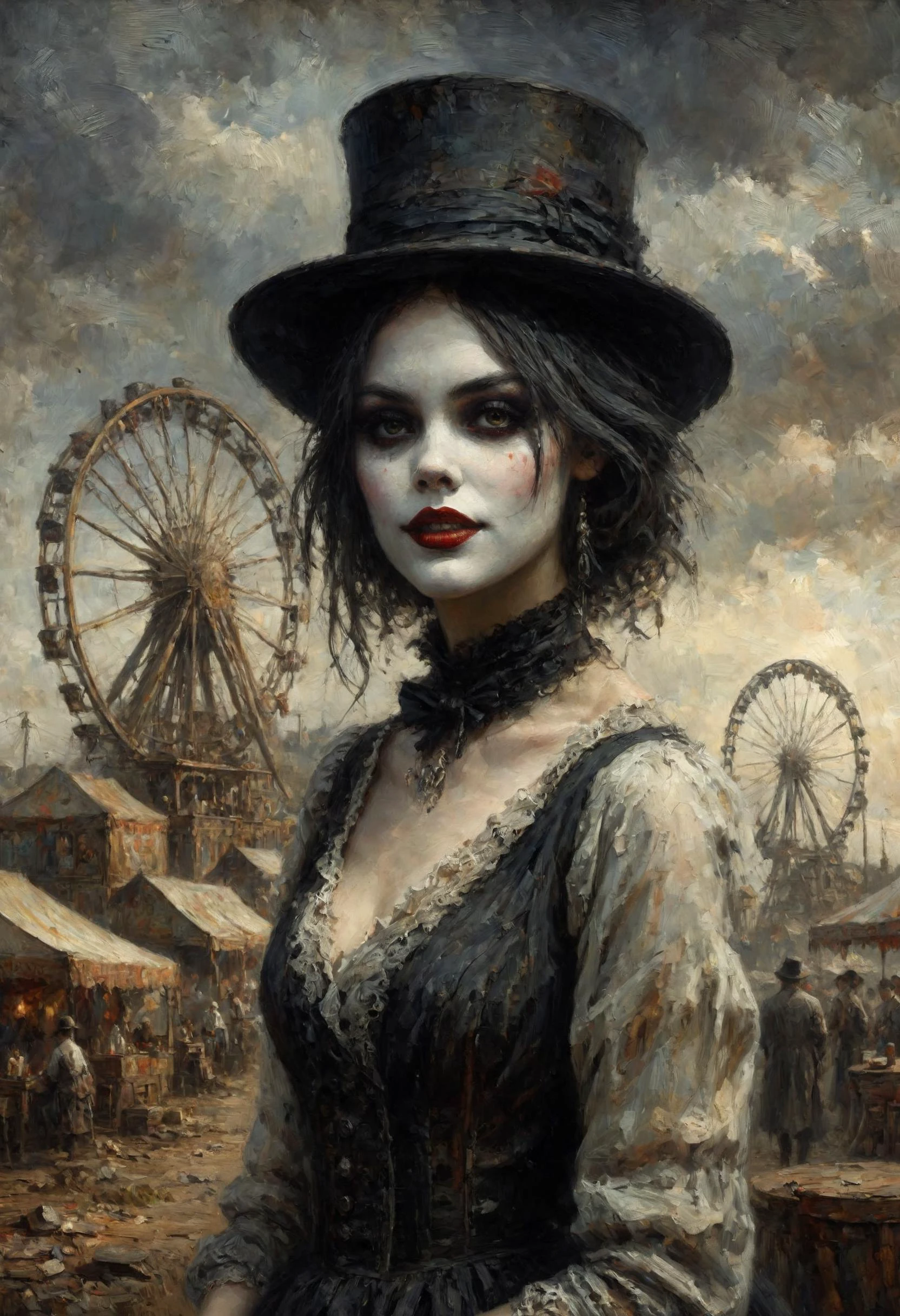 An digital illustration drawing masterpiece with intricate details and the best quality in the comics-style art by, (John Blanche:1.2) and (luis royo) a (Tim Burton) horror scene set in desolate american rural backdrop, a rundown sleazy amusement park (carnival), freak show, (circus) country fair sprawls at (night), dilapidated stalls, circus tents, a young (entertainer) clown woman with pale ghostly ivory porcelain perfect smooth skin stands a (seductress), her presence both captivating and foreboding, her allure stark against the grim backdrop. Clad in faded finery, she beckons with a (smirk). Wearing oversized (top hat) and dark black smudged running makeup with eyeshadow and eyeliner her hair pitch black. The air is heavy with the scent of decay, casting eerie shadows across the scene with a ferris wheel in a background. <lora:LaxpeintXL-2.0:0.8> <lora:add-detail-xl:0.8>
<lora:LaxpeintXL-2.0:0.8> <lora:add-detail-xl:0.8>
