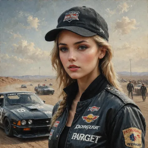 An digital illustration (front view) 1980's drawing masterpiece with intricate details and the best quality art by, (petrus van schendel) (Hans Larwin) and (dorian cleavenger) with (luis royo) a young confident attractive woman a (nascar) (race driver) with detailed oval face with delicate upturned nose, fit slender figure, full pouty lips, dark black makeup eyeliner eyeshadow, and [blonde hair] with two braids, wearing black [baseball cap] and [bomber jacket] with tank top and black jeans standing on a desert race track (leaning) against powerful nascar racing car dodge ford  chevrolet with her (arms crossed)  <lora:add_detail:0.8>  <lora:aesthetic:0.8>  <lora:LaxpeintXL-2.0:0.5> <lora:extremely_detailed:0.5>  <lora:Desolation:0.3>