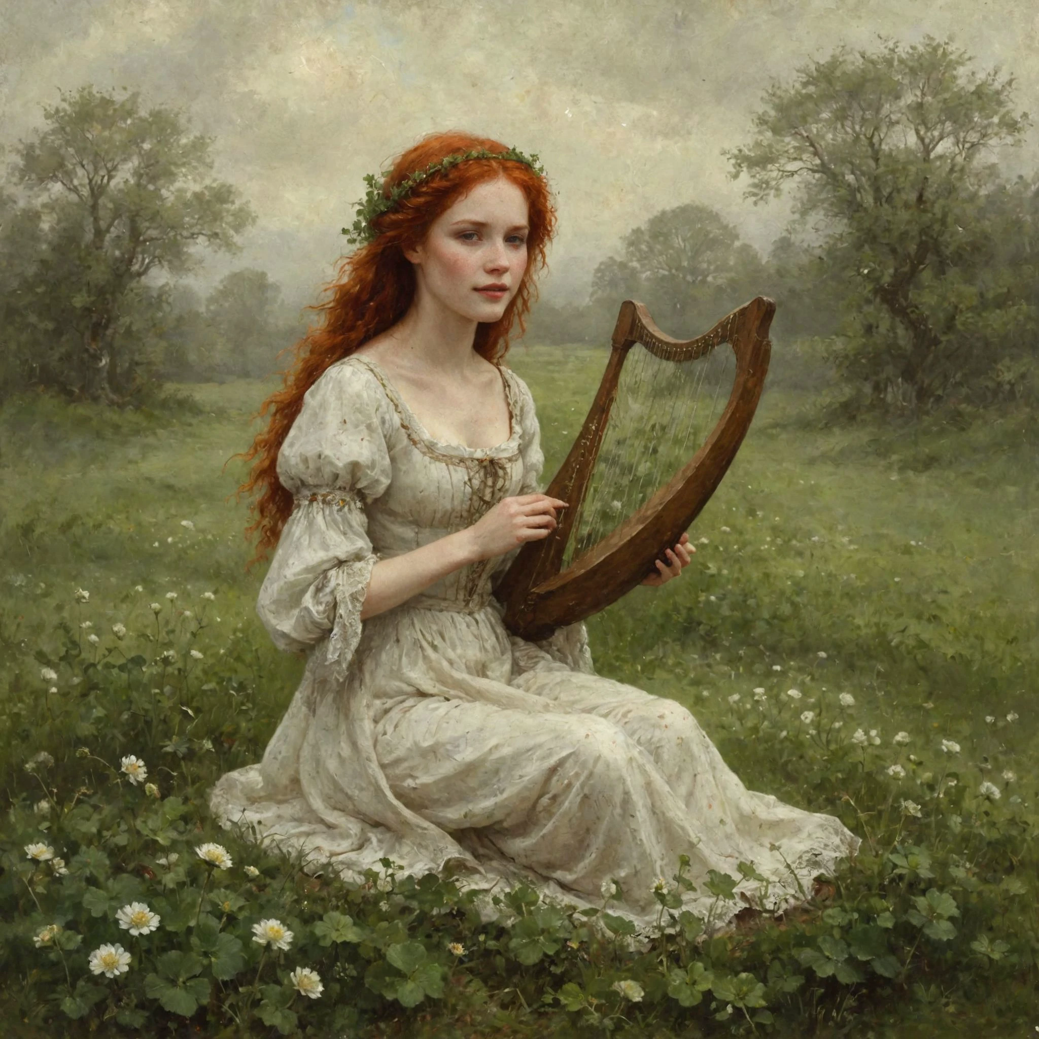 An digital illustration drawing masterpiece with intricate details and the best quality art by, (petrus van schendel) (hans larwin) and (dorian cleavenger), (luis royo) a attractive alluring beautiful irish peasants woman with auburn red hair, delicate face with small (freckles), (smile flirtatiously) wearing traditional irish dress doing on a (clover field) meadow (playing harp) <lora:add_detail:0.8> <lora:ClassipeintXL1.9:0.5> <lora:aesthetic:0.8> <lora:LaxpeintXL-2.0:0.5> <lora:Desolation:0.5>