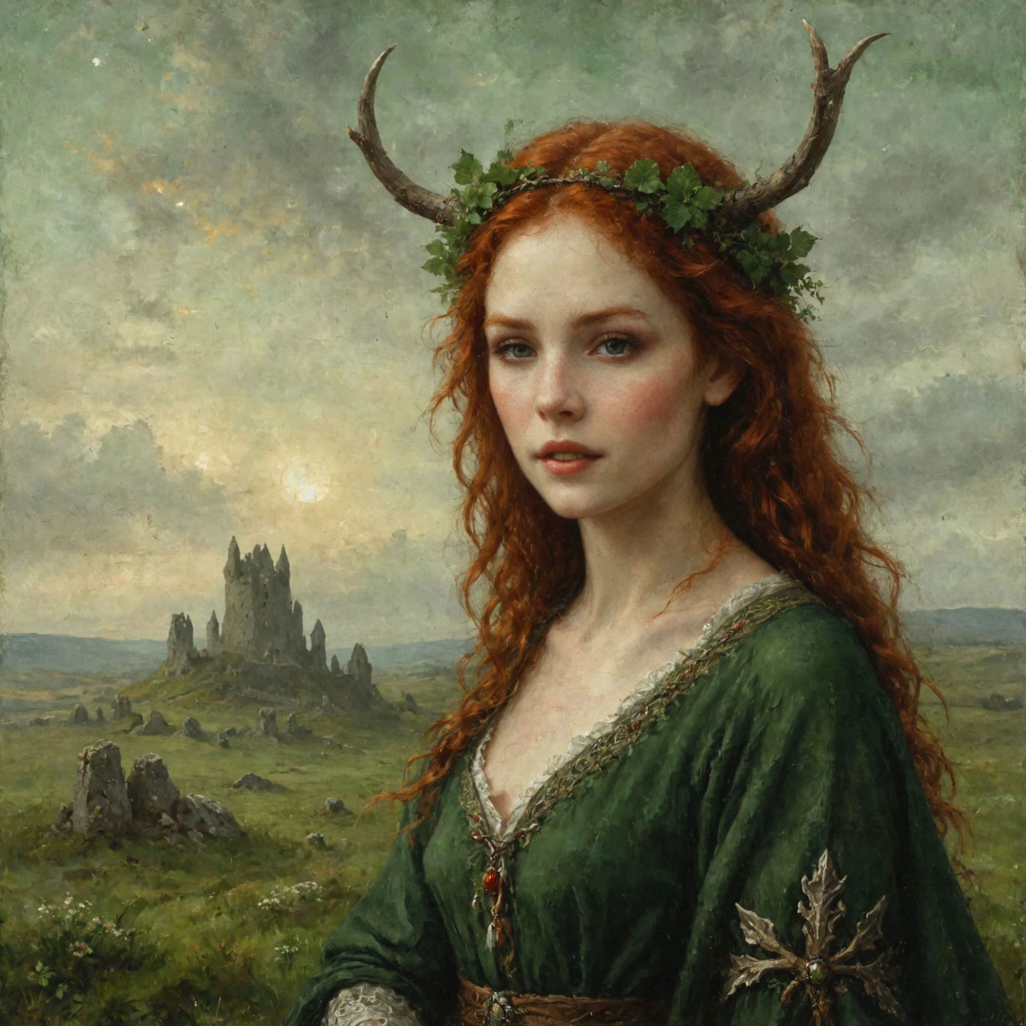 An digital illustration drawing masterpiece with intricate details and the best quality art by, (petrus van schendel) (hans larwin) and (dorian cleavenger), (luis royo) a attractive alluring beautiful irish druid woman with auburn red hair, delicate face with small freckles, (smiling warmly) wearing antler crown, tribal tattos, green fur tunic and ornate staff, stands on vast green moor with growing clover megalithic standing stones menhir and irish castle in the background <lora:add_detail:0.8> <lora:ClassipeintXL1.9:0.5> <lora:aesthetic:0.8> <lora:LaxpeintXL-2.0:0.5> <lora:Desolation:0.5>