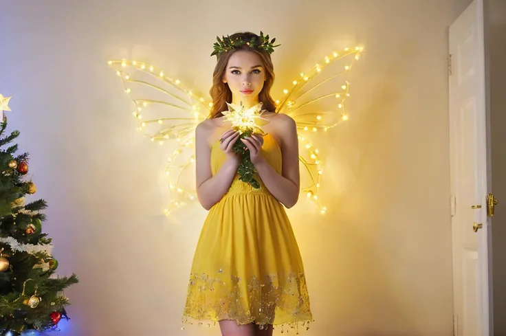 instant christmas, yellow dress, beautiful fairy with christmas yellow light wings, symmetrical, Christmas fairy, high quality beautiful lights, Mistletoe Mercenaries, holding mistletoe <lora:NsfwPovAllInOneLoraSdxl:0.5> , undressing,