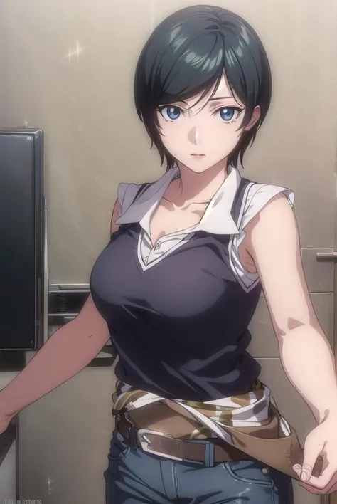 himeno\(chainsaw man\), 1girl, solo, standing, dark hair, short messy hair, blue eyes, ((huge breasts)), stare, grumpy, (annoyed:1.2), looking at viewer, (interview:1.3), close-up, muscular, crop top, black greatcoat, short skirt, cleavage, best quality, highest quality, high resolution.