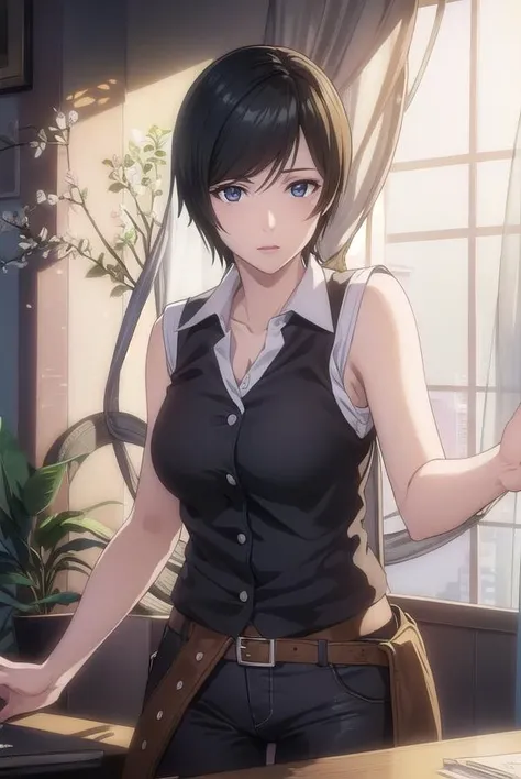 takadakiyomi, <lora:takada kiyomi-lora-nochekaiser:1>,
takada kiyomi, short hair, black hair, (black eyes:1.3), lipstick,
BREAK shirt, sleeveless, pants, sleeveless shirt, collarbone,
BREAK indoors,
BREAK looking at viewer, (cowboy shot:1.5),
BREAK <lyco:GoodHands-beta2:1>, (masterpiece:1.2), best quality, high resolution, unity 8k wallpaper, (illustration:0.8), (beautiful detailed eyes:1.6), extremely detailed face, perfect lighting, extremely detailed CG, (perfect hands, perfect anatomy),
