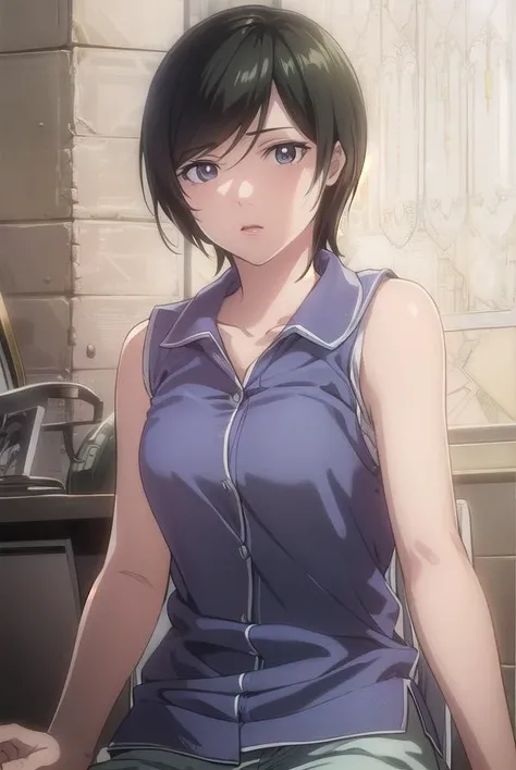 takadakiyomi, <lora:takada kiyomi-lora-nochekaiser:1>,
takada kiyomi, short hair, black hair, (black eyes:1.3), lipstick,
BREAK shirt, sleeveless, pants, sleeveless shirt, collarbone,
BREAK indoors,
BREAK looking at viewer, (cowboy shot:1.5),
BREAK <lyco:GoodHands-beta2:1>, (masterpiece:1.2), best quality, high resolution, unity 8k wallpaper, (illustration:0.8), (beautiful detailed eyes:1.6), extremely detailed face, perfect lighting, extremely detailed CG, (perfect hands, perfect anatomy),