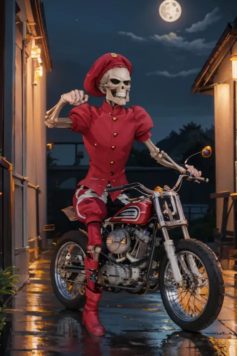 masterpiece, best quality, <lora:zs_David:1> davidsmt, skeleton, shorts, puffy sleeves, boots, beret, no humans <lora:HarleyDavidson-000008:1> XR750, road, night, moon, jack-o'-lantern,