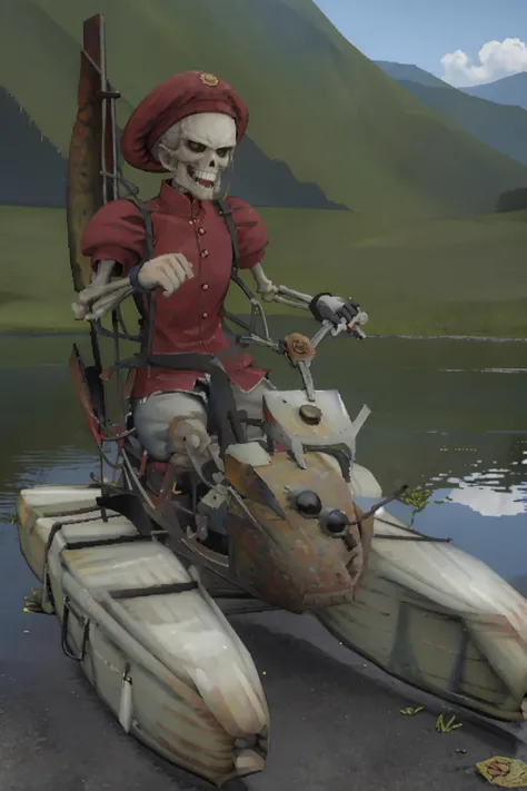 masterpiece, best quality, <lora:zs_David:1> davidsmt, skeleton, shorts, puffy sleeves, boots, beret, no humans <lora:airboat-nvwls-v1-6-final:1> airboat, riding airboat