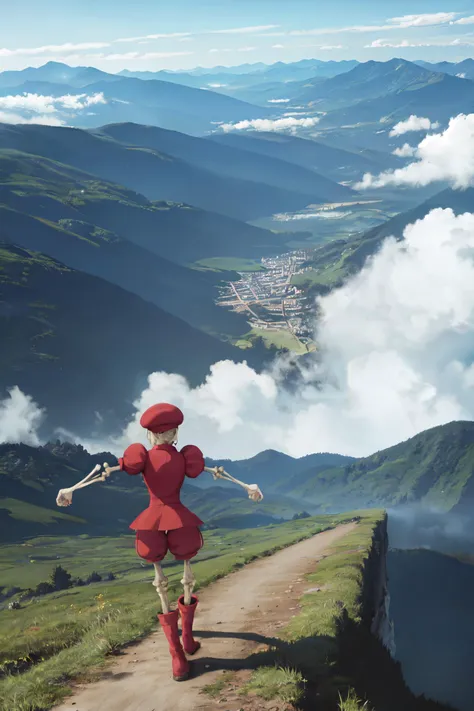 masterpiece, best quality, absurdres, perfect anatomy, davidsmt, skeleton, shorts, puffy sleeves, boots, beret, no humans, spread arms, dutch angle, very wide shot, mountains, landscape shot, empowering, motivating, beginning of journey, above clouds, <lora:zs_David:1>