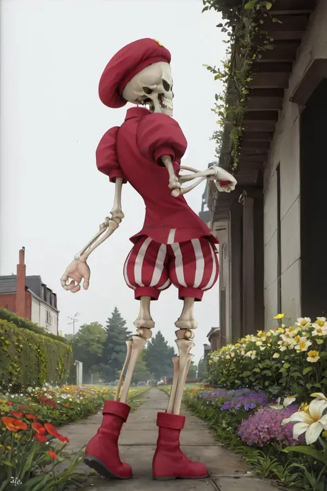 masterpiece, best quality, absurdres, perfect anatomy, davidsmt, skeleton, shorts, puffy sleeves, boots, beret, no humans, garden, flowers, <lora:zs_David:1>