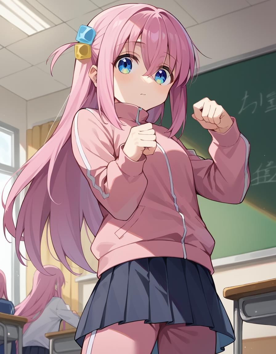 Anime girl with pink hair and blue eyes in a classroom - SeaArt AI
